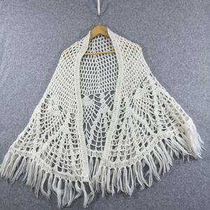 Handmade Crochet Fringe Shawl Poncho One Size Cream Off-White Boho